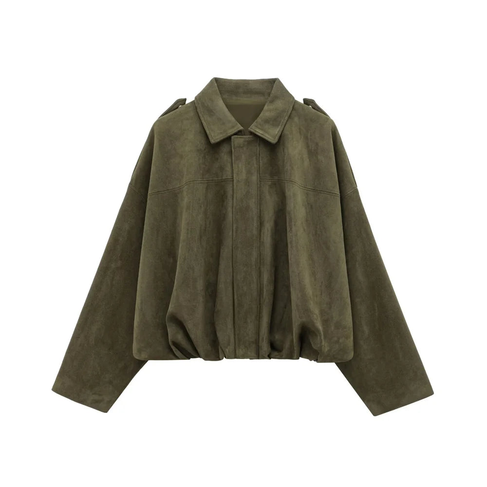 Women Faux Suede Collared Jacket