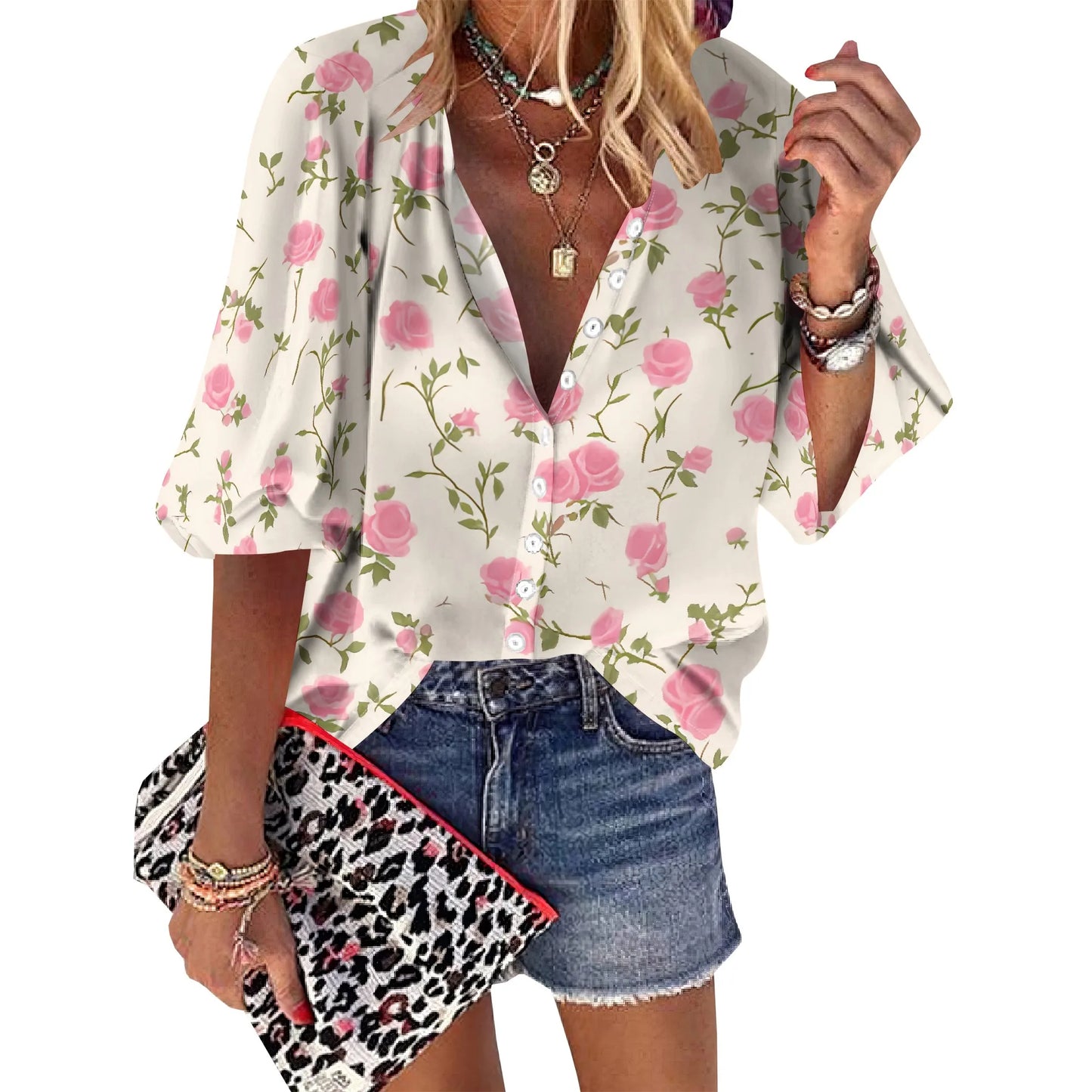 Women Vintage Dainty Pink Rose Florals