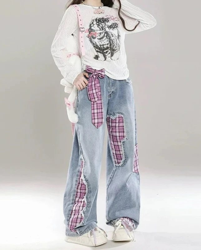 Women Check Red Jeans