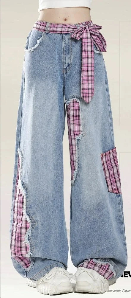 Women Check Red Jeans