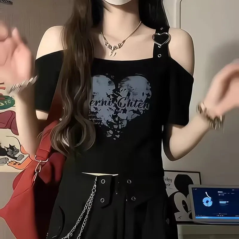 Women Off Shoulder T-shirt Heart-shaped