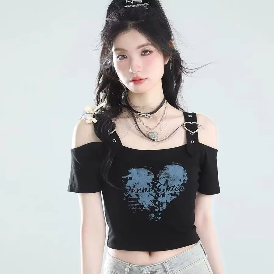 Women Off Shoulder T-shirt Heart-shaped