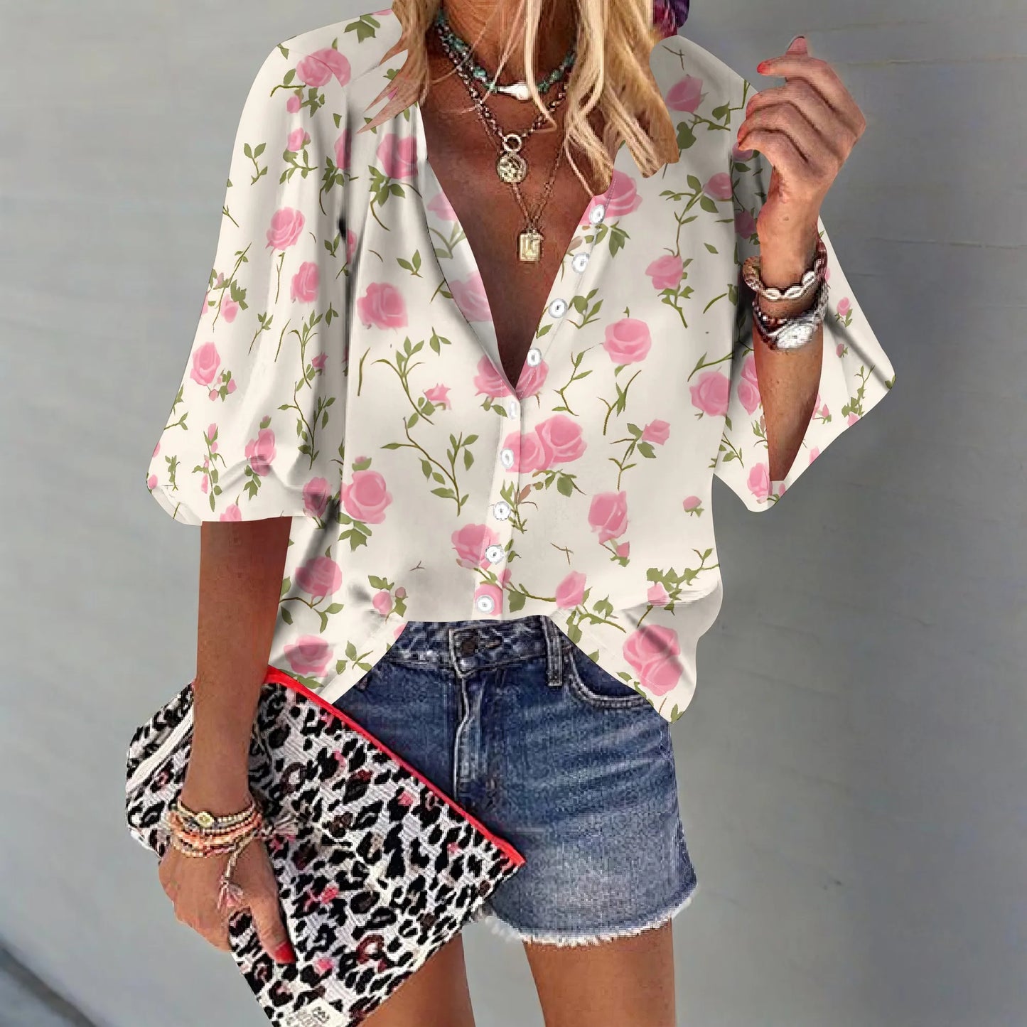 Women Vintage Dainty Pink Rose Florals