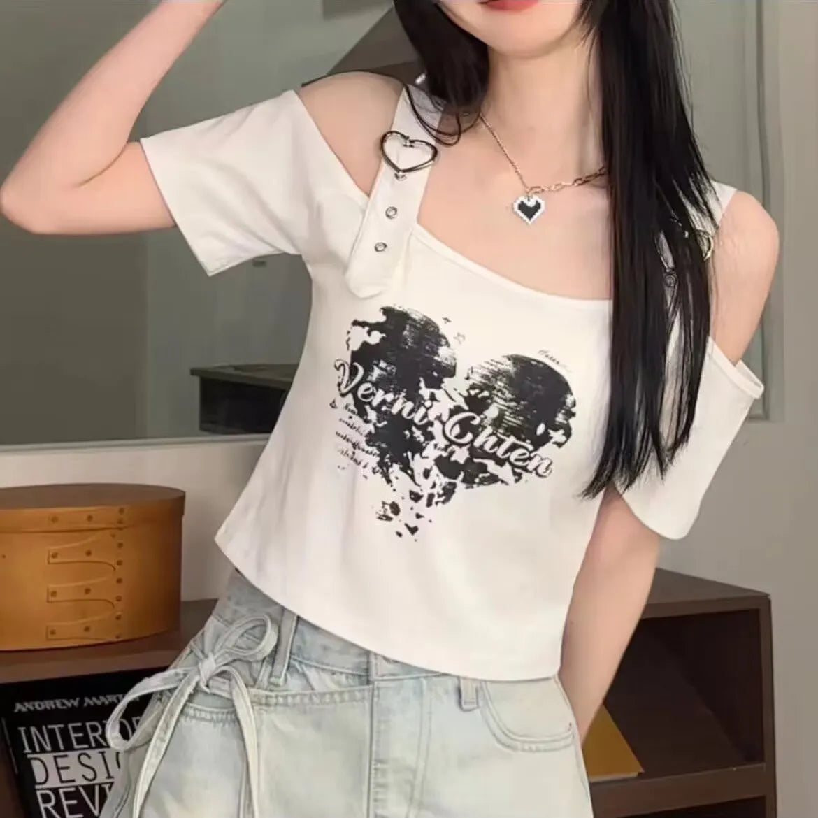 Women Off Shoulder T-shirt Heart-shaped