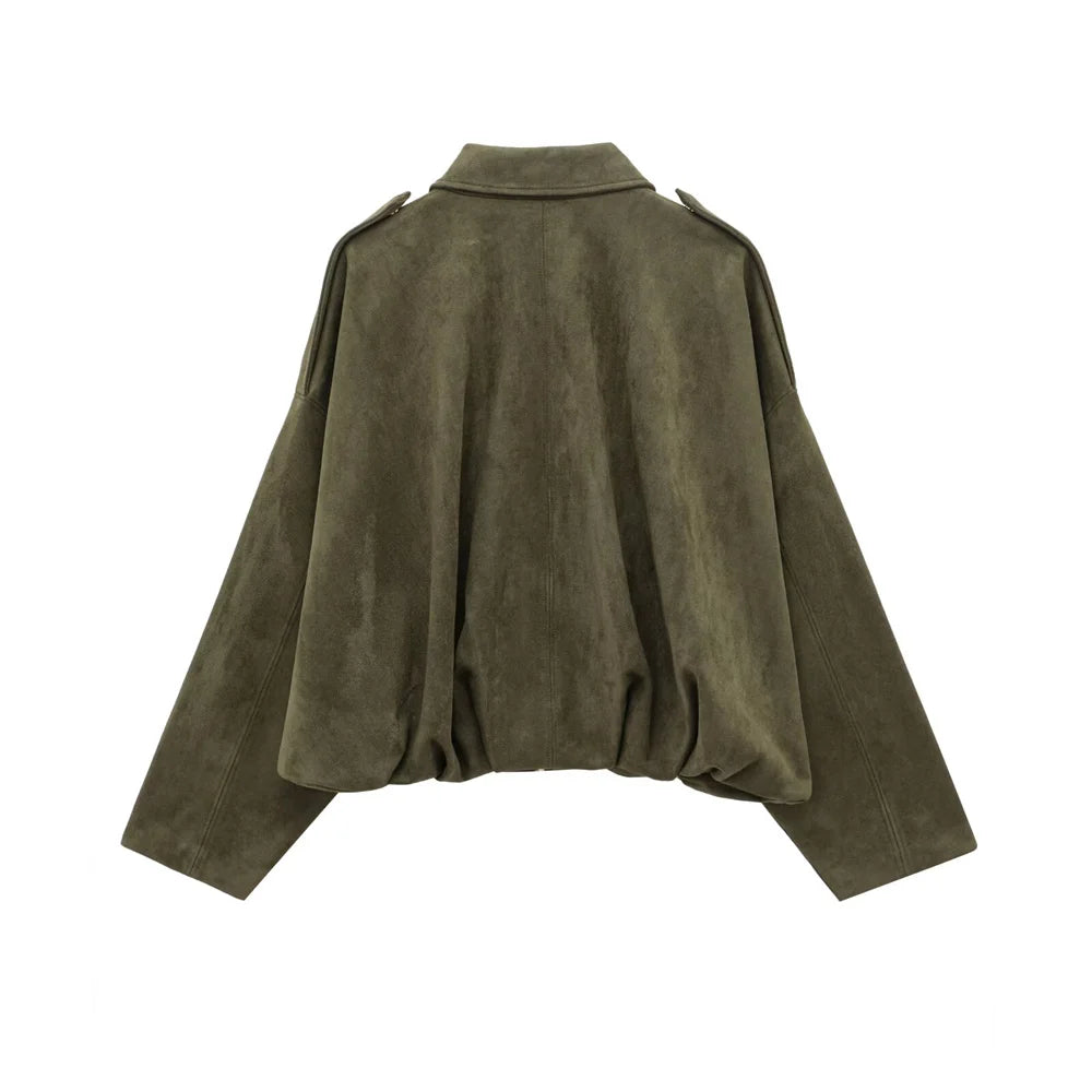 Women Faux Suede Collared Jacket