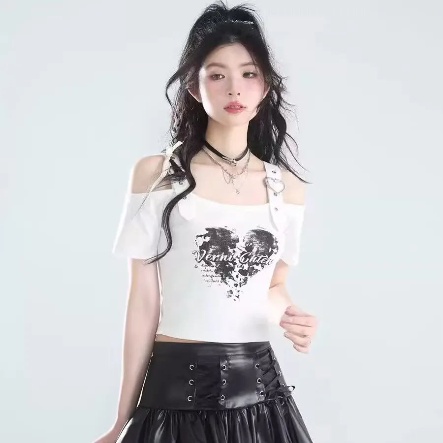 Women Off Shoulder T-shirt Heart-shaped